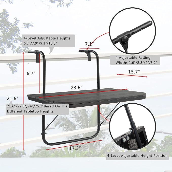 Balcony Railing Table Hanging Folding Deck Railing Table Outdoor Balcony Bar Tables for Railings Hanging Patio Adjustable Aluminium 23.6"(L) x 15.7"(W) All Weather Black