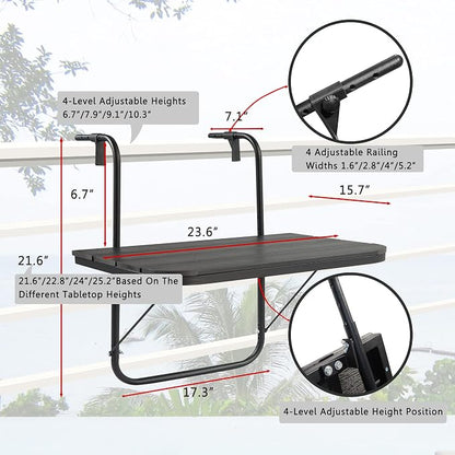 Balcony Railing Table Hanging Folding Deck Railing Table Outdoor Balcony Bar Tables for Railings Hanging Patio Adjustable Aluminium 23.6"(L) x 15.7"(W) All Weather Black