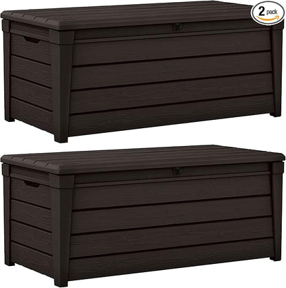 Keter 2 Pack Storage Bench, Weatherproof Resin Outdoor Backyard 120 Gallon Deck Box, Brightwood, Brown