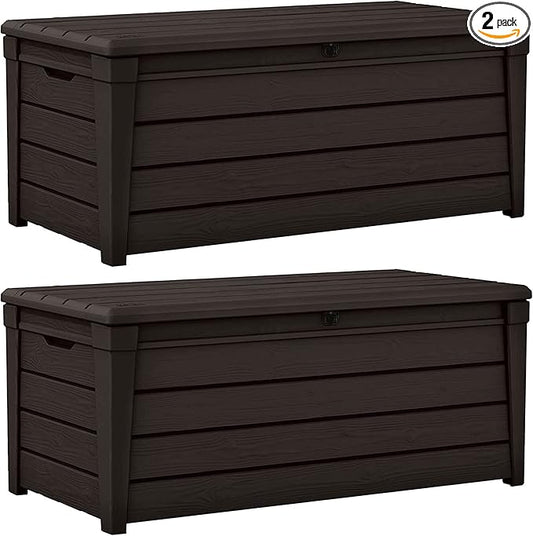 Keter 2 Pack Storage Bench, Weatherproof Resin Outdoor Backyard 120 Gallon Deck Box, Brightwood, Brown