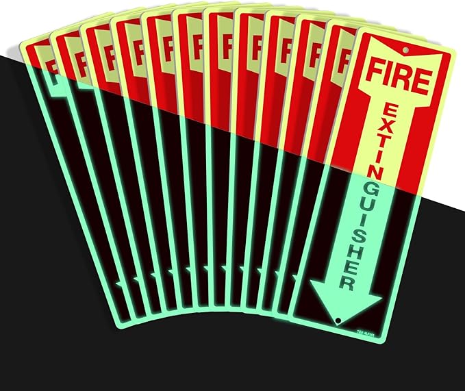 T&R Fire Extinguisher Metal Sign - 12 Pack - 12"x4" .040 Rust Free Heavy Aluminum Glow-In-The-Dark, Waterproof, Weatherproof and Fade Resistant, 2 pre-drilled holes, Easy to Install Indoors and Outdoors