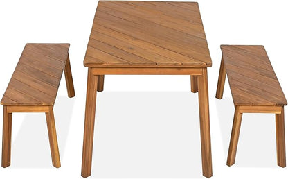 3 Pieces Acacia Wood Table with 2 Benches Dining Set Outdoor Indoor Furniture, Picnic Beer for Patio, Porch, Garden, Poolside - Natural