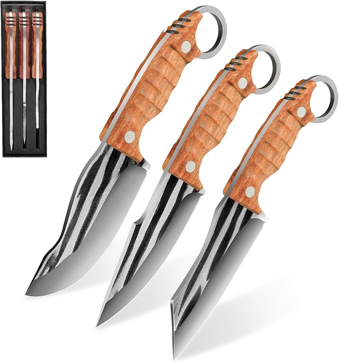 Plys 3-Piece Fixed Blade Knife Set, Full Tang Survival Knives for Bushcraft, Ergonomic Rosewood Handle, Outdoor Camping Hiking Fishing Hunting Bushcraft Survival Knives with Gift Box for Men