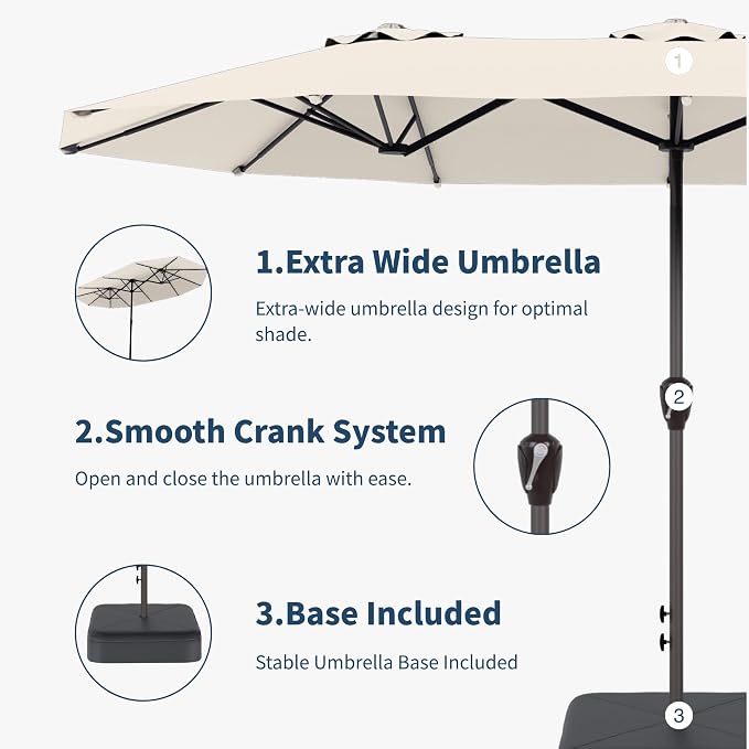 15FT Double Sided Patio Umbrella with Base Included Large Outdoor Market Umbrella with Crank Handle, UV Resistant Canopy, Sturdy Frame for Garden, Poolside, Deck, Creamy White
