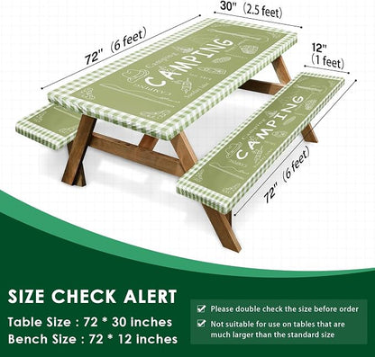 Picnic Table Cover with Bench Covers Elastic Edges, Green Camper Fitted Table Cover, Outdoor Patio Camping Essentials 72 Inch 3PCS, Waterproof Camping Fitted Tablecloth with Drawstring Bag