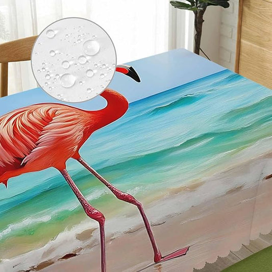 Tablecloth Flamingo, Pink Flamingo Ocean Beach Rectangular Table Cover Kitchen Table Cloth for Dining Hotel Coffee Parties Tabletop Decoration, 52x70 Inch