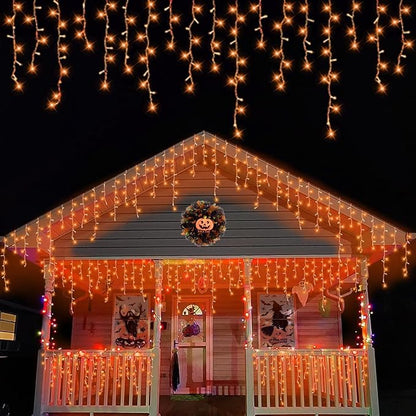 YEGUO 99ft 1200 LED Orange Icicle Lights, 240 Drops Icicle Lights Connectable, 8 Modes Icicle Christmas Light with Memory Timer