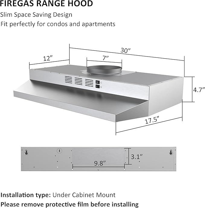 FIREGAS 30 Inch Under Cabinet Range Hood, 300 CFM Powerful & 45dB Quiet Vent Hood, Slim Stainless Steel Stove Hood for Kitchen & Apartments, 2-Speed Exhaust Fan, Ducted/Ductless Convertible