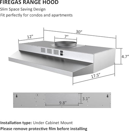 FIREGAS 30 Inch Under Cabinet Range Hood, 300 CFM Powerful & 45dB Quiet Vent Hood, Slim Stainless Steel Stove Hood for Kitchen & Apartments, 2-Speed Exhaust Fan, Ducted/Ductless Convertible
