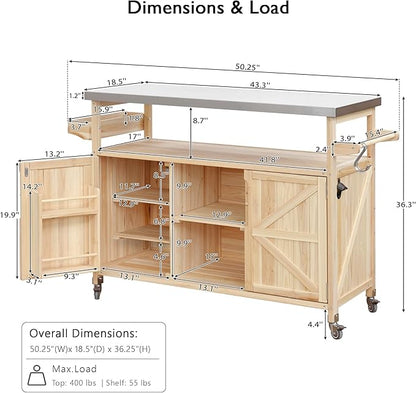 Outdoor Grill Cart with Storage, Rolling Bar Cart and Lockable Wheels, Farmhouse Solid Wood Outdoor Grill Table with Stainless Steel Top, Spice Rack, Towel Rack for Kitchen and BBQ, Natural
