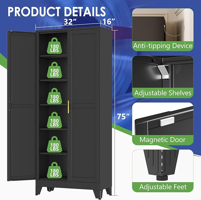 75" Metal Garage Storage Cabinet with 2 Doors and 5 Adjustable Shelves,Metal Storage Cabinets,Steel Tool Cabinets for Home,Office,Garage,Warehouse,Widen (Black, 75''H x 32''W x 16''D-B)