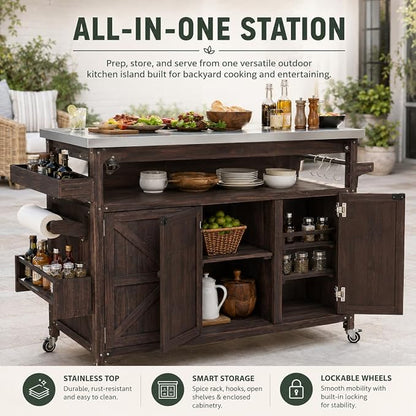 Outdoor Kitchen Island, 50.25" Rolling Grill Table with Storage Cabinet, 201 Stainless Steel Top Outdoor Bar Cart, Solid Fir Wood BBQ Prep Station with Adjustable Shelves, Spice Rack (Dark Brown)