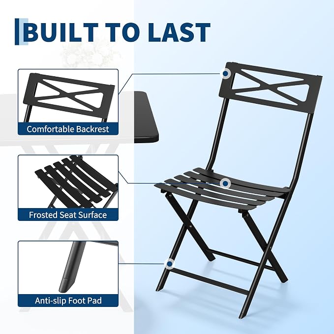 Garvee 3PCS Bistro Set, Outdoor/Indoor Folding Patio Furniture Set, Black | Fold flat lightweight design for easy storage & portable picnics. Rustproof UV metal frame stays. Reinforced X-brace stable