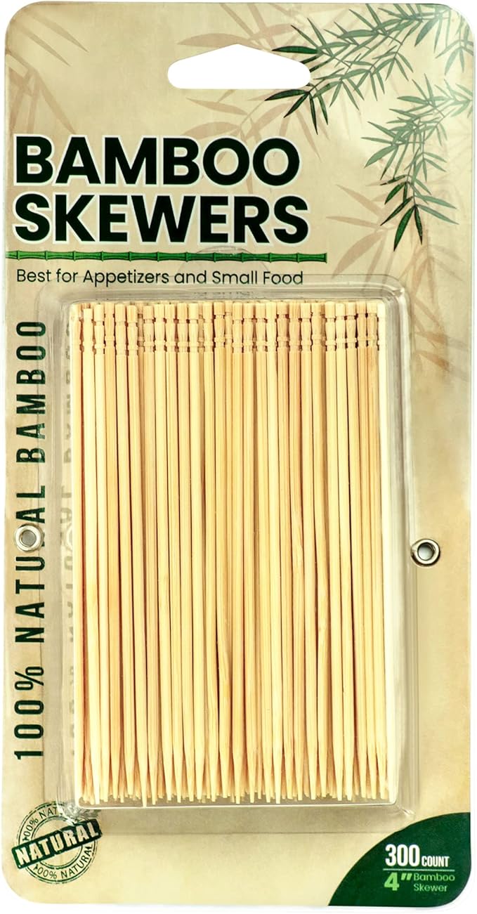 DecorRack 4” Natural Bamboo Skewers, Mini Cocktail Wood Picks, Appetizer Sticks for Sandwich, Charcuterie Boards, BBQ, Fruit Kabobs, DYI Crafting (300 Pack)
