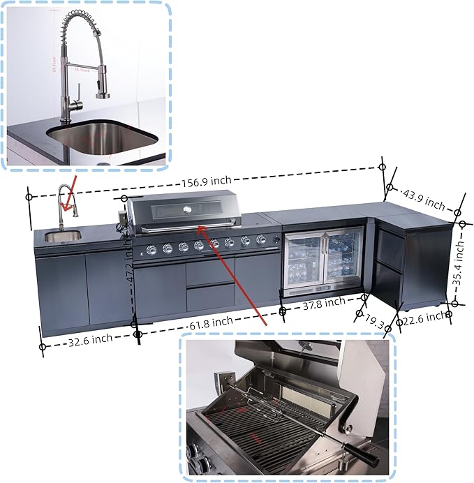 157" 6-Burner 96000 BTU Propane Gas Outdoor Kitchen Island - Stainless Steel Grill with Wine Cooler, Rotisserie, Granite Countertops, Storage Cabinets & Drawers,Black