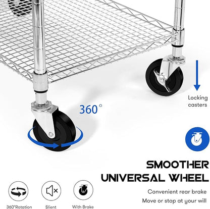 YNN Chrome Utility Rolling Cart,990Lbs 3 Tier Heavy Duty Metal Cart with Wheels & Handle NSF Wheeled Cart 31" D x 18" W x 33" H for Bedroom, Bathroom, Kitchen,Garden,Decor,Serving