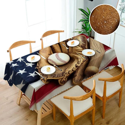 Swono Decorative Rectangle Table Cloth American Flag, Vintage Baseball Bat Glove On USA Flag Polyester Tablecloth Kitchen Table Cover for Dining BBQ Picnic Coffee Table 50x72, 4-6 Seats