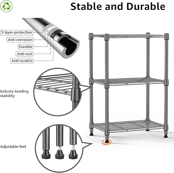 M MZG 450 lbs Steel Storage Shelving 3-Tier Utility Shelving Unit Steel Organizer Wire Rack for Home,Kitchen,Office (11.8" D x 17.7" W x 26.3" H) (Pack of 2)