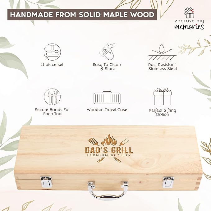 Custom Engraved BBQ Grill Set for Dad, 11 Pcs Grill Tool Set, Personalized Father’s Day BBQ Gift for Dad, Best Dad Barbecue Accessories, Stainless Steel Grill Tools with Wooden Case, BBQ Gifts for Men