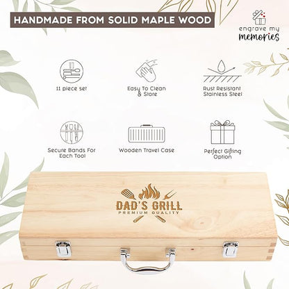 Custom Engraved BBQ Grill Set for Dad, 11 Pcs Grill Tool Set, Personalized Father’s Day BBQ Gift for Dad, Best Dad Barbecue Accessories, Stainless Steel Grill Tools with Wooden Case, BBQ Gifts for Men