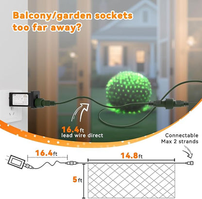 LitHome 14.8FT x 5FT Christmas Net Lights Outdoor Mesh Lights Connectable | 8 Modes 300 LED Halloween Green Net Light for Bushes, Giant Mesh Light Waterproof for Christmas Garden Party Roof Decor