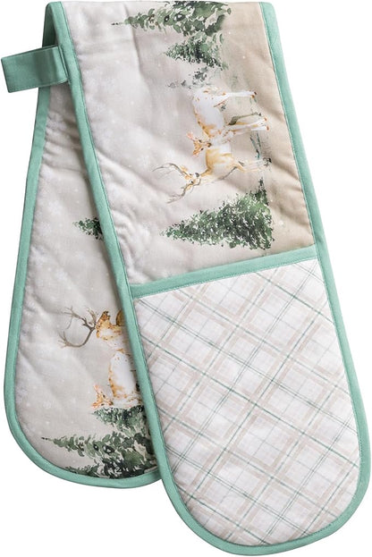 Maison d' Hermine Double Oven Mitt (7" x 35") 100% Cotton Heat Resistant BBQ Cooking Gloves with Loop for Thanksgiving Christmas Decorations Baking Cooking Handling Hot Pan (Deer in The Woods)