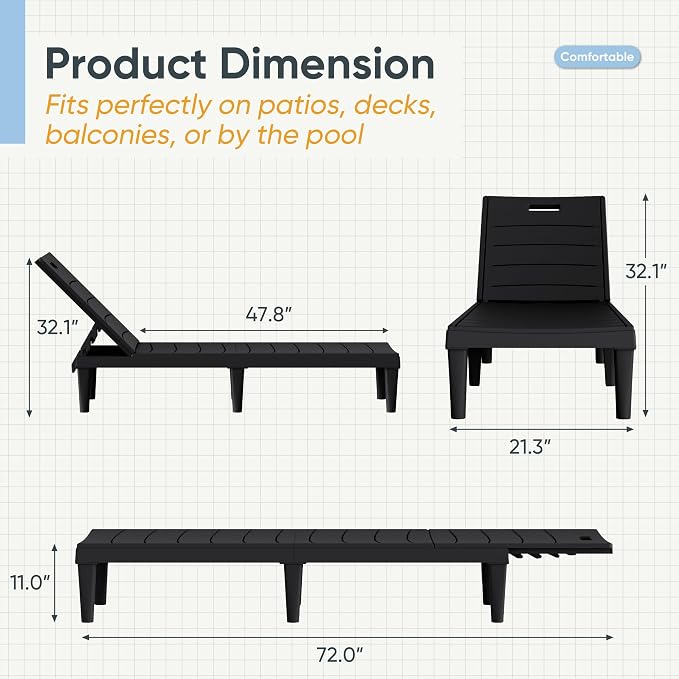 Greesum 4-Pack Adjustable Chaise Lounges, Black | 5-Pos Recline, Waterproof PP, UV-Resist, Stackable, Easy-Clean, for Pool/Patio/Beach, Tool-Free