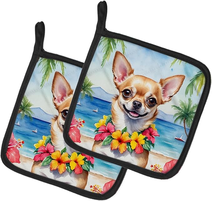 Caroline's Treasures Chihuahua Luau Pair of Pot Holders Kitchen Heat Resistant Pot Holders Sets Oven Hot Pads for Cooking Baking BBQ, 7 1/2 x 7 1/2