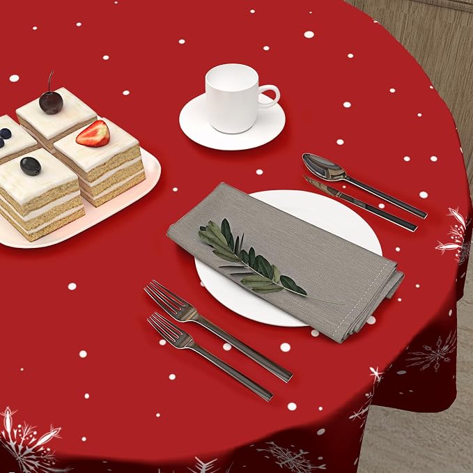 Sweetshow Xmas Snowflake Table Cloth Round 70 Inch Polyester Table Cover | Red Xmas Table Cloth Round Winter Snowflake Tablecloth Washable Stain and Wrinkle Xmas Round Table Cover for Dining Picnic