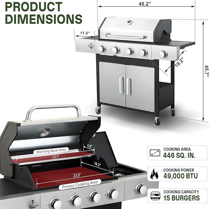 Gas Grill and Griddle Combo with Side Burner, 4-Burner Propane Grill with Porcelain-Enameled Cast Iron Grates and Double-Wall Insulated Lid, 49,000 BTU BBQ Grill for Outdoor Cooking
