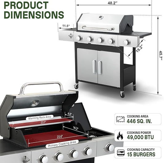 Gas Grill and Griddle Combo with Side Burner, 4-Burner Propane Grill with Porcelain-Enameled Cast Iron Grates and Double-Wall Insulated Lid, 49,000 BTU BBQ Grill for Outdoor Cooking