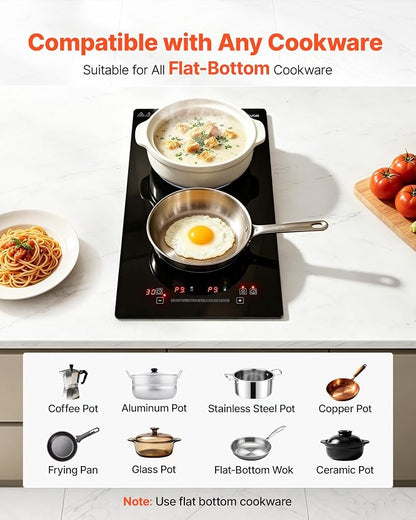 VEVOR Electric Cooktop 12inch 2 Burners Portable Stove Top 1800W 120V, Ceramic Countertop/Built-in Radiant Electric Stove, with 9 Power Levels, Timer, Child Lock, Over-Heat Guard, Touch Control