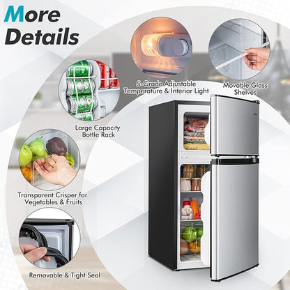 COSTWAY Compact Refrigerator, 3.2 Cu.Ft. Fridge Freezer Compartment with Reversible 2 Door, Adjustable Thermostat, Removable Glass Shelves, Mini Refrigerator for Bedroom Dorm Apartment, Silver