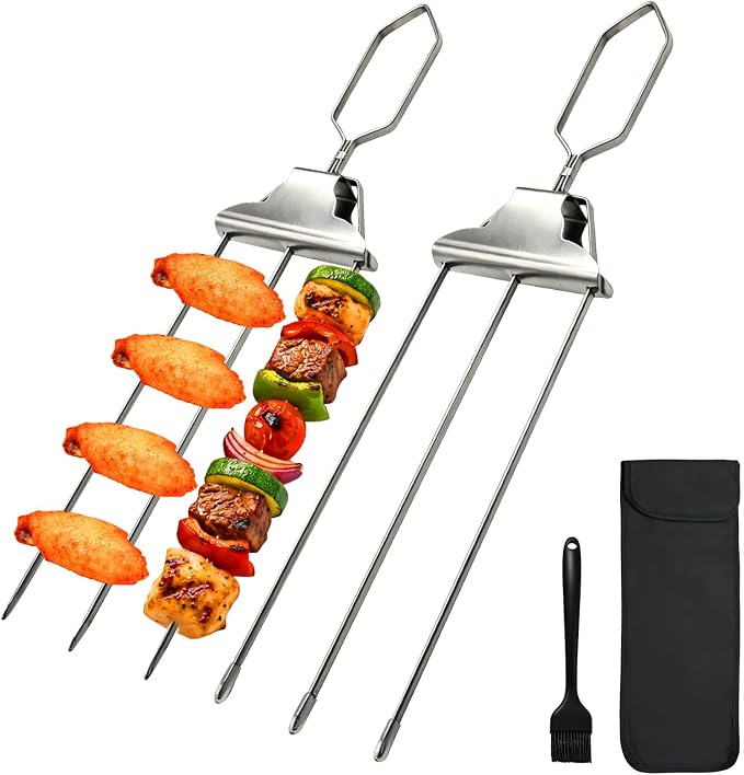 Skewers for Grilling, 3 Way Stainless Steel Grill Skewers with Push Slider & Bag, Reusable for Outdoor Camping