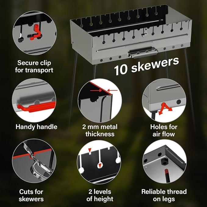 Stainless Steel Charcoal Grill for 10 Skewers – Portable BBQ 20.87"×9.45"×20.87" – Foldable Kabob Mangal – Durable Rustproof Grill for Picnic & Camping (Skewers Not Included)