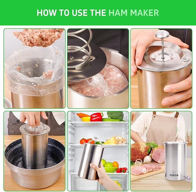 Deli Meat Press and Ham Maker - 304 Stainless Steel Lunch Meat Press with Thermometer, 20 Cooking Bags & Recipes - Healthy Homemade Cooking Tool for Ham &Deli Lunch Meat Making