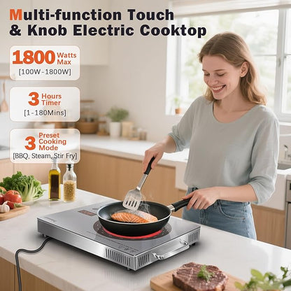 Single Burner Electric Cooktop, Protable Electric Stove with Handle, Countertop Ceramic Stove top for Camping, Home, RVs, Child Lock, Timer, Steam, BBQ, Stir Fry,110V - 120V Plug in, Grey