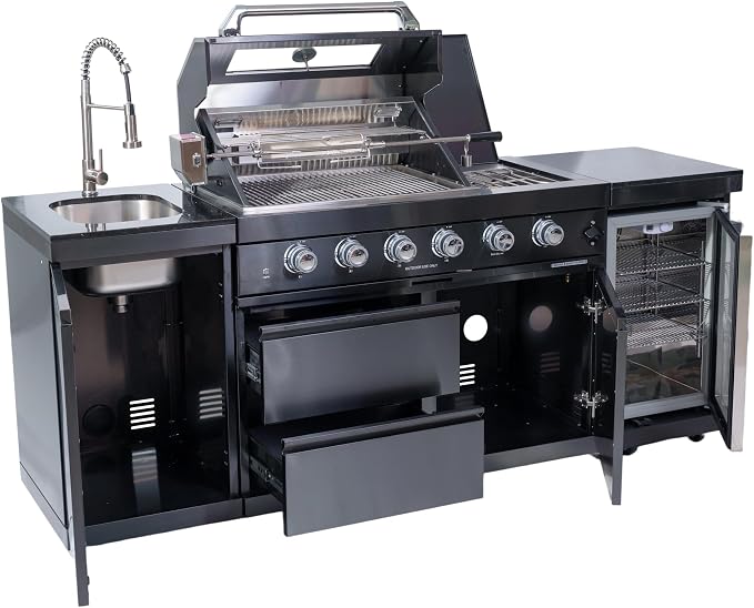Modular Outdoor Kitchen Island,4-Burner 72000 BTU Stainless Steel Propane Gas Outdoor Kitchen Barbecue Island with Electric Rotisserie,Sink,BBQ Grill,Refrigerator and Cabinets (Black, 85 Inch)