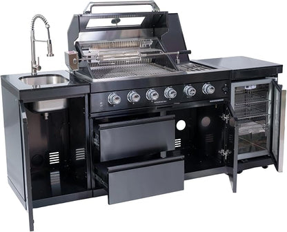 Modular Outdoor Kitchen Island,4-Burner 72000 BTU Stainless Steel Propane Gas Outdoor Kitchen Barbecue Island with Electric Rotisserie,Sink,BBQ Grill,Refrigerator and Cabinets (Black, 85 Inch)
