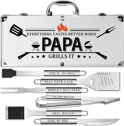 Papa Gifts, Papa Gifts from Grandkids Heavy Duty Grilling Accessories Kit for Backyard BBQ, Thick Stainless Steel Grill Utensils with Non-Slip Handle Tool on Christmas Birthday