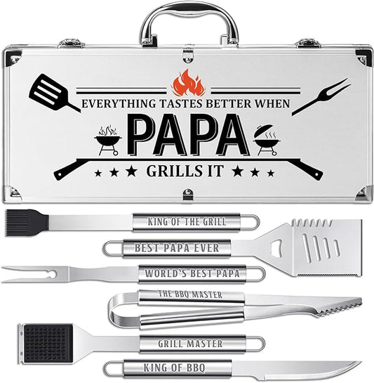 Papa Gifts, Papa Gifts from Grandkids Heavy Duty Grilling Accessories Kit for Backyard BBQ, Thick Stainless Steel Grill Utensils with Non-Slip Handle Tool on Christmas Birthday