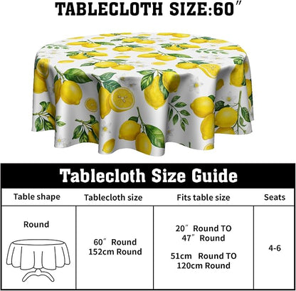 Sweetshow Yellow Lemon Table Cloth Round Fruit Tree Branches Leaves Flowers Bloom Bright Summer Tablecloth 60 Inch Decor Washable Stain and Wrinkle Spring Round Table Cover for Dining Picnic