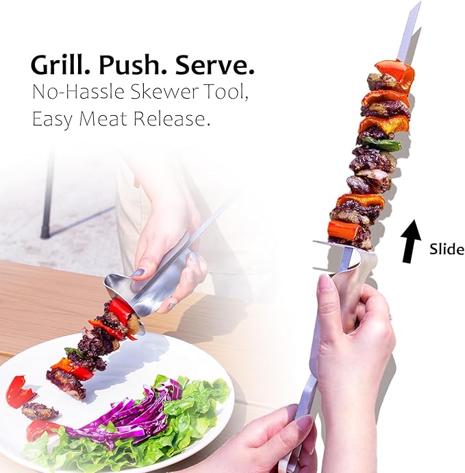 SOLEADER Stainless Steel Skewers for Grilling - 17 Inch Metal Kabob Skewers with Pusher Handle, Dishwasher Safe, for Chicken Beef Shrimp Veggie BBQ & Camping 9-Pack