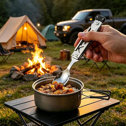 5 in 1 Detachable Camping Utensils Flatware Set, Multifunction Travel Pocket Cutlery Folding Spoon Fork Knife Grill Barbecue BBQ Tongs Bottle Opener, Portable Combo Set 420J2 Stainless Steel