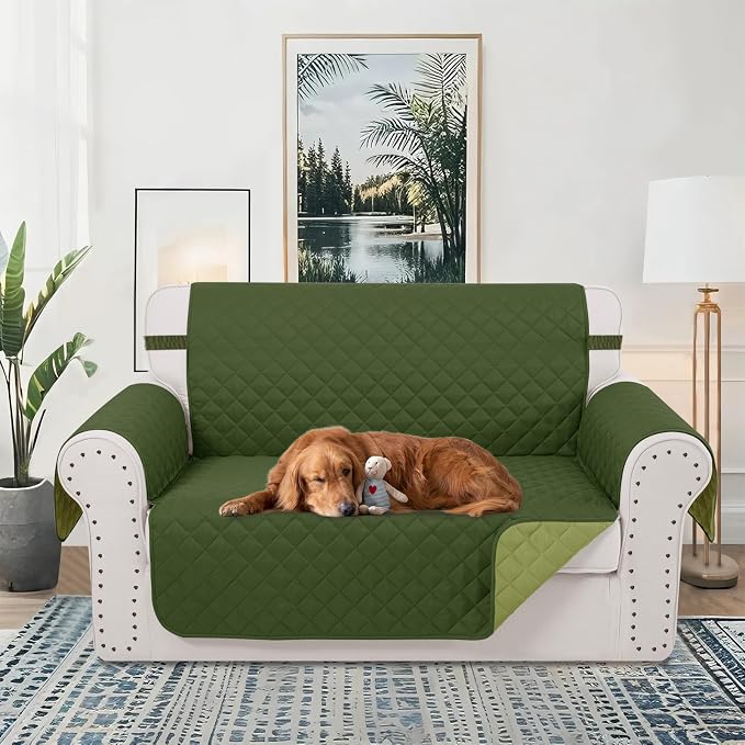 Reversible Loveseat Couch Sofa Covers, 2-Seater, Huntergreen | Loveseat Covers for Dogs Water Repellent, Friendly Furniture Protector with Elastic Straps for Living Room