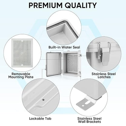 TICONN 2PK Outdoor Electrical Box Waterproof, Junction Box IP67 ABS Plastic Enclosure with Hinged Cover with Mounting Plate, Wall Brackets, Cable Glands (Off-White, 8.7"X6.7"X4.3")