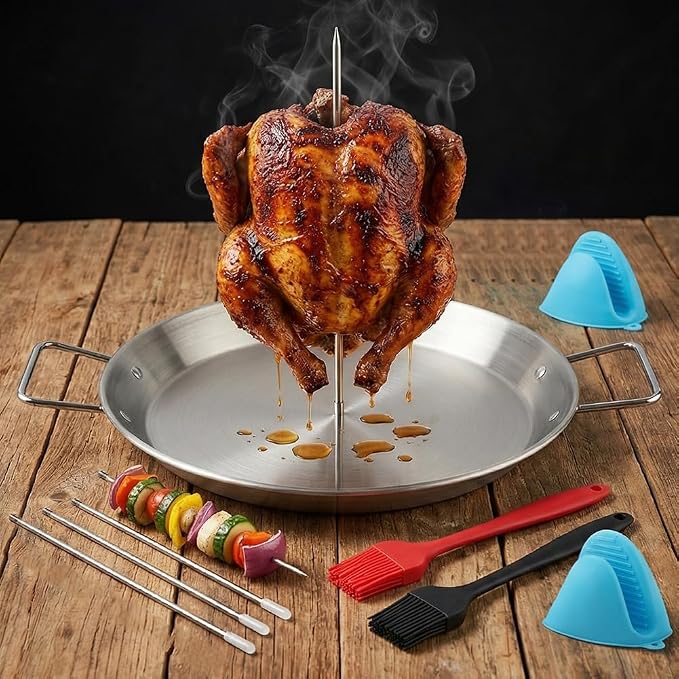 Al Pastor Skewer for Grill, 13 Inch Stainless Steel Vertical Shawarma Skewer with Gyro Pan, Brazilian Spit Stand with 5 Spikes, 2 Brushes & Gloves for Tacos Al Pastor, Kebabs, Smoker & Oven