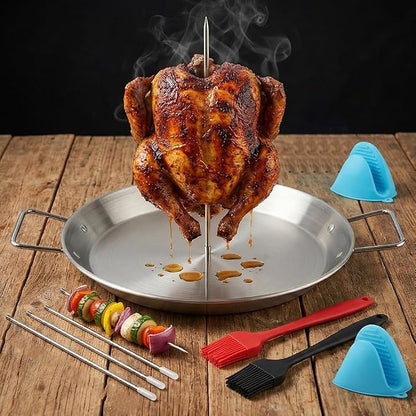 Al Pastor Skewer for Grill, 13 Inch Stainless Steel Vertical Shawarma Skewer with Gyro Pan, Brazilian Spit Stand with 5 Spikes, 2 Brushes & Gloves for Tacos Al Pastor, Kebabs, Smoker & Oven