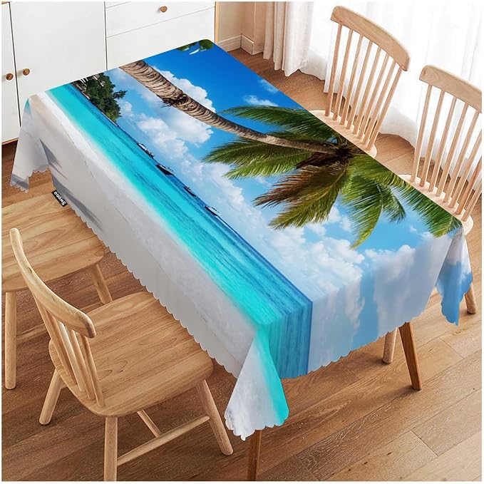 Swono Rectangle Tablecloth Tropical Beach Table Cover 52x70 Inch Paradise Palms Turquoise Ocean Sea Table Cloth for Rectangle Tables Decorative Tablecloth for Dining Party Camping BBQ
