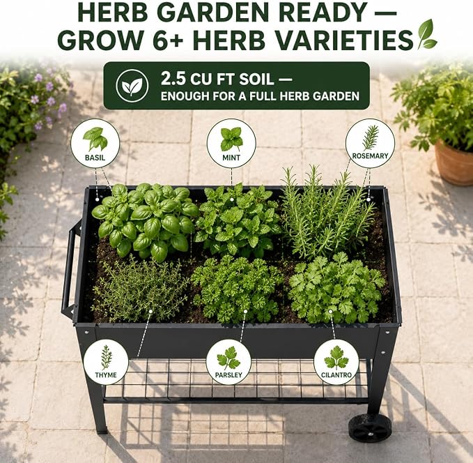 LEETOLLA Elevate 32" Raised Garden Bed with Wheels | Elevated steel planter box for outdoor vegetables, herbs, and flowers. 400 lb capacity with drainage and shelf.